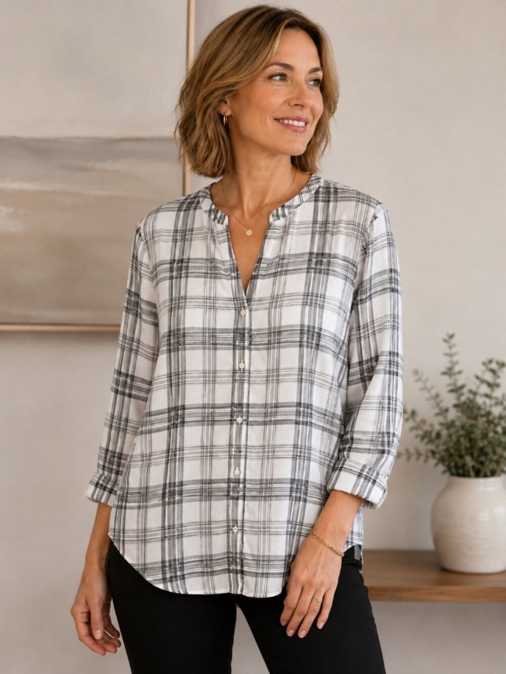 Calvin Klein white and black plaid cotton button up top size medium soft